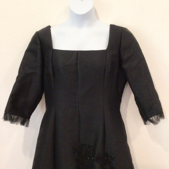 RICKIE FREEMAN TJ NITES Black Silk Square Neck Sequined A-line Midi Dress 16 - Picture 2 of 7
